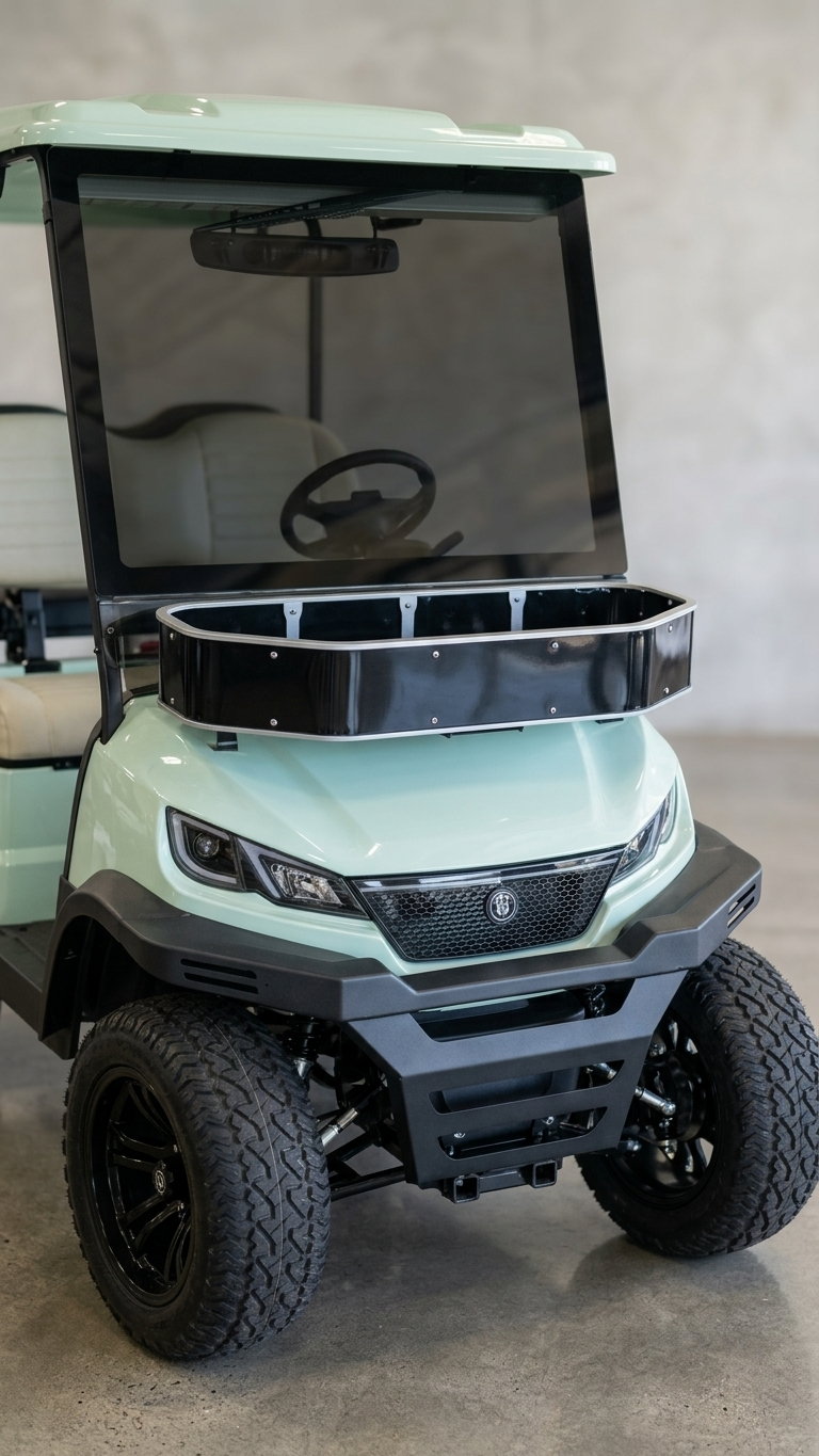 A mint-green six-seater electric golf cart, front-facing on a clean studio background