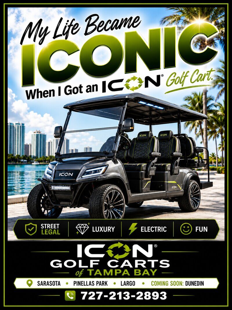 ICON Golf Carts of Tampa Bay promo graphic — My Life Became Iconic — framed edition