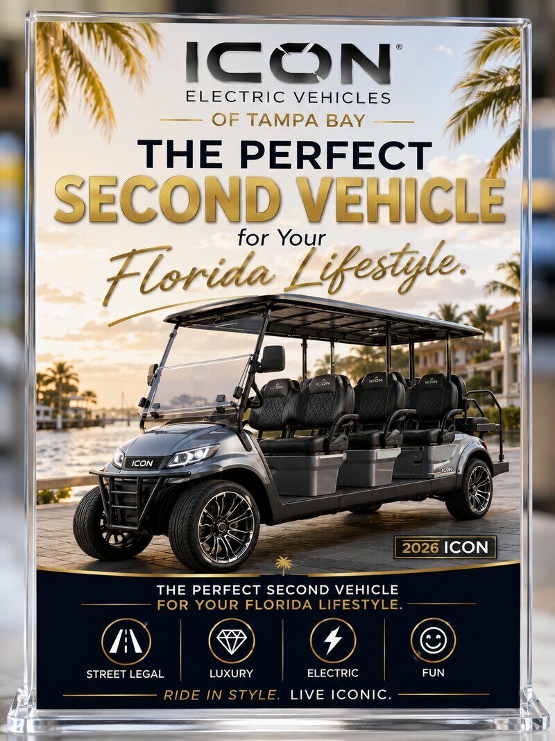ICON Electric Vehicles of Tampa Bay sign — the perfect second vehicle for your Florida lifestyle